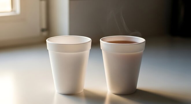 Two white styrofoam cups sitting on a table with one filled with a hot steaming brown beverage. polystyrene cup 