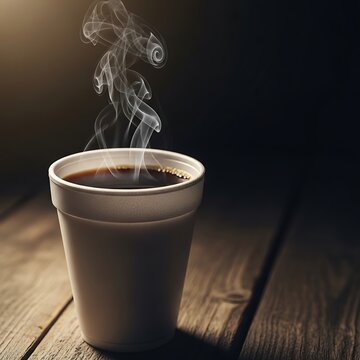 A steaming cup of hot black coffee sitting on a rustic wooden table in a dimly lit environment. polystyrene cup 