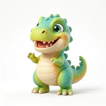 Adorable baby dinosaur stands in a cheerful pose while displaying a wide and happy smile on its colorful green face