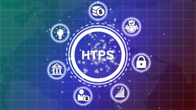 Secure HTPS connection concept with interconnected digital on a dark blue grid background representing online safety and encrypted data transfer protocols