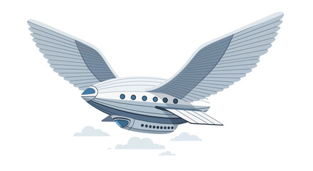 Fantasy airship with wings flying through clouds. © Ahmad