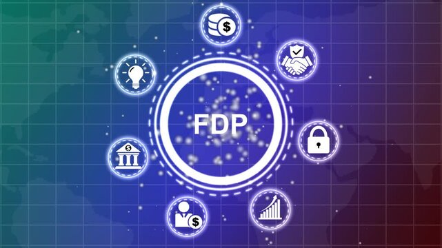 Central circle FDP with surrounding representing global connections business growth financial success and innovative ideas on a dark grid background