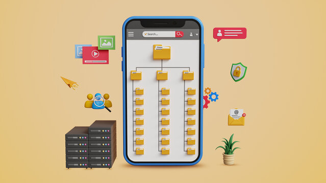 Systematic Data Storage. Folder Hierarchy Structure, Digital File Management. DMS, Document Management System. Saving Classified Files in Digital Concept. Folder Hierarchy on Mobile. 3D Illustration