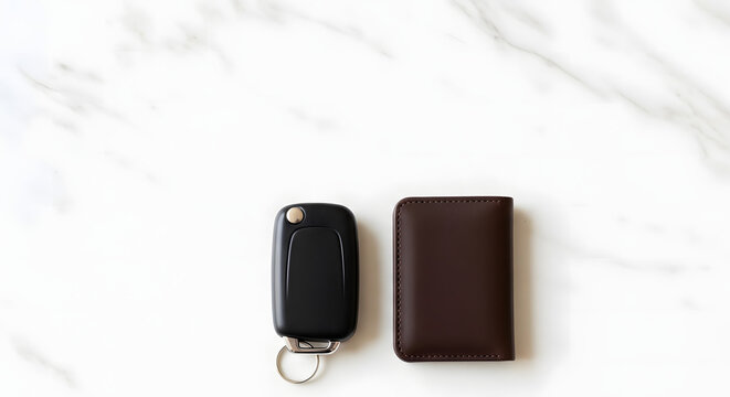 Car key fob and brown leather wallet neatly placed side by side on a clean white marble surface, viewed from above.