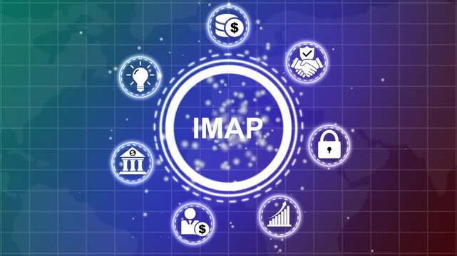 Digital IMAP concept with interconnected representing email, global communication, business, finance, and technology solutions on a dark grid background
