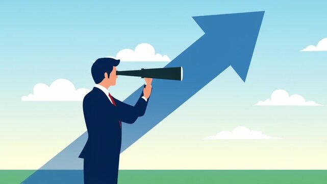 Businessman looks through a telescope with upward arrow