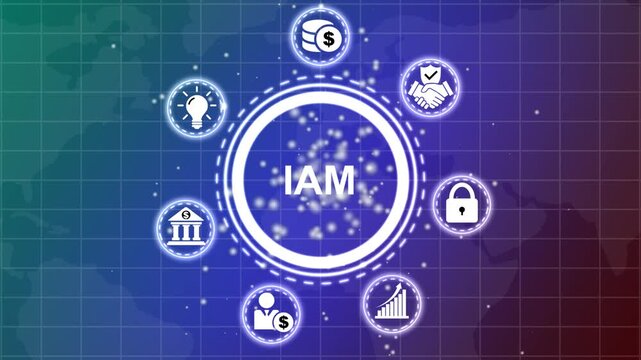 Digital IAM concept with interconnected representing identity access management, global reach, business, finance, and technology solutions on a dark grid background