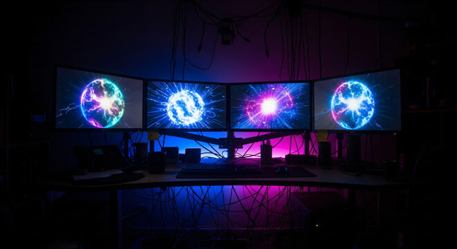 A dark room with four computer monitors displaying glowing abstract energy spheres, reflecting colorful lights on the desk.
