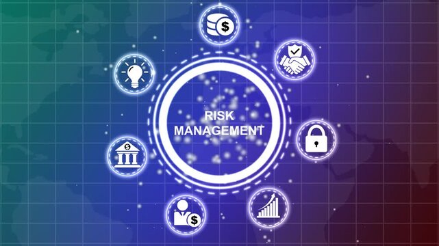 Business risk management concept with representing strategy finance people and data arranged in a circular flow around the central text RISK MANAGEMENT on a dark blue background