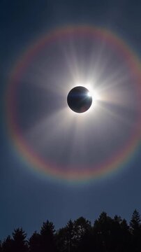 Total solar eclipse showing the diamond ring effect and a large circular rainbow halo in a clear blue sky over silhouetted pine tree tops, displaying sun rays and solar corona.