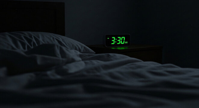A digital alarm clock glows 3:30 AM on a nightstand next to an unmade bed in a dark room.