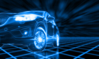 Modern SUV car open headlamp parked on dark background in futuristic vehicle concept. Future transportation. Futuristic autonomous car. Driverless autonomous vehicle. Self-driving car technology. © Fahroni