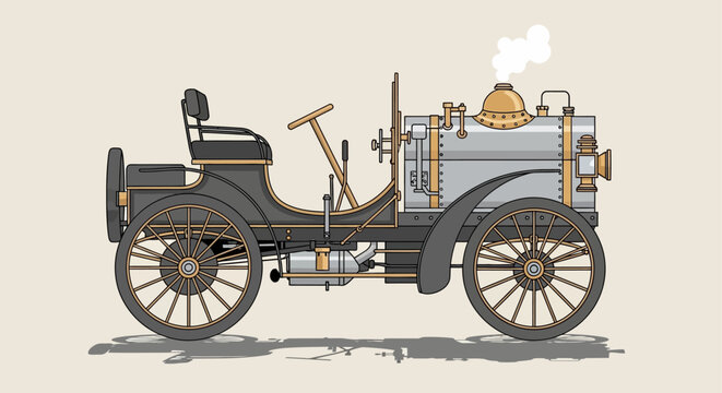 Side view illustration of a vintage steam powered car on a plain background