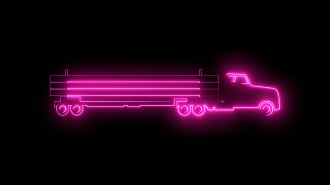 Flatbed truck icon. Commercial vehicle for cargo transportation. Side view of delivery transport. Logistic trucking sign. Neon glowing.