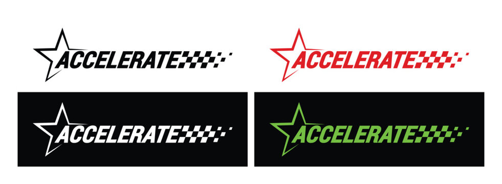 Accelerate racing typography set with checkered motion trail, high speed performance text for automotive ads, car branding, tuning promotion graphics, dynamic motion design. Vector illustration