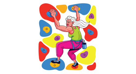 Fototapeta premium An elderly woman with white hair and a muscular physique is actively rock climbing on a colorful indoor wall.