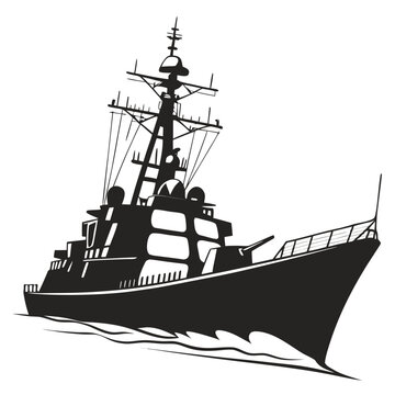 Military warship vector illustration, black and white naval destroyer silhouette, modern navy combat ship icon for maritime security and defense