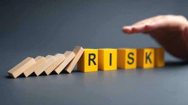 Hand stopping domino effect of wooden blocks hitting yellow cubes with the word risk, representing risk management and business protection