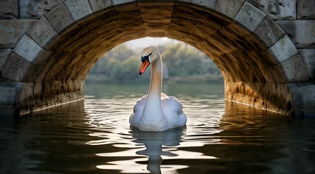 Elegant swan swimming under stone bridge in calm water on sunny day