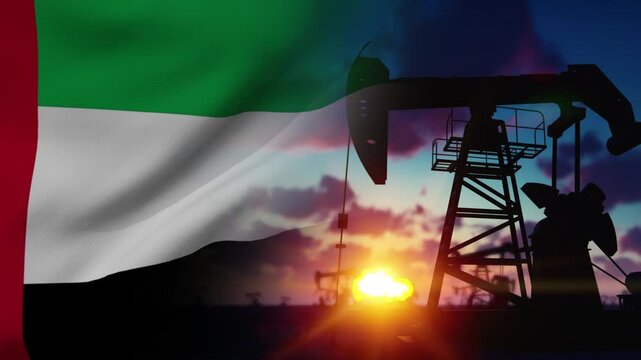 The United Arab Emirates flag waving over oil pump jacks at sunset