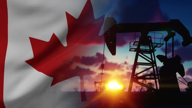 Canadian oil pump jack working at sunset in digital motion footage