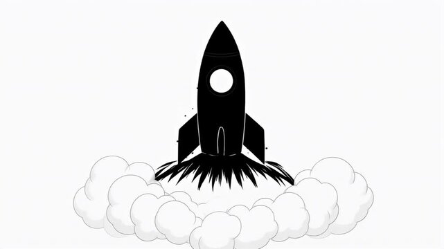 Bold black rocket launch with clouds of smoke on a white background
