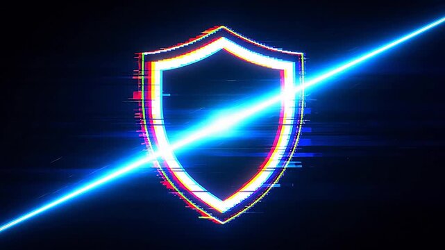 Colorful pixelated shield with digital glitch effect on black