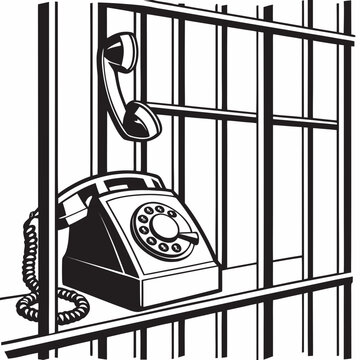 Vintage prison telephone behind metal bars, retro rotary phone in jail cell, black and white vector illustration of inmate communication system