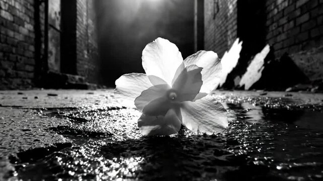 Black and white flower in a puddle of water against a dark alley background with dramatic lighting and atmosphere