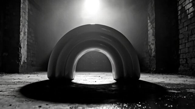 Mysterious monochrome arch shape in a damp, grunge, and atmospheric abandoned brick room with light.