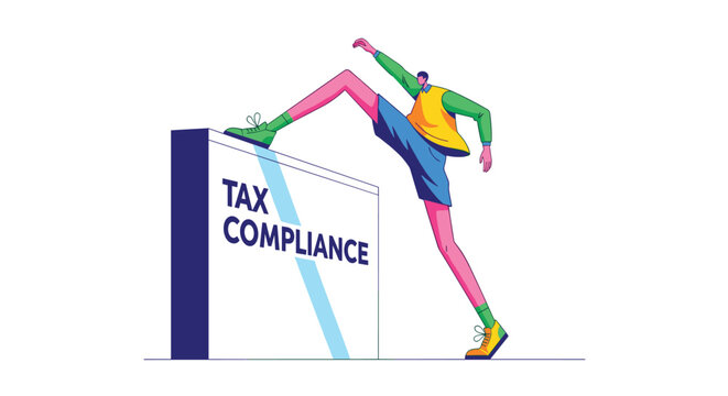A vibrant stylized figure in a yellow shirt steps over a large white block labeled TAX COMPLIANCE on a white background.