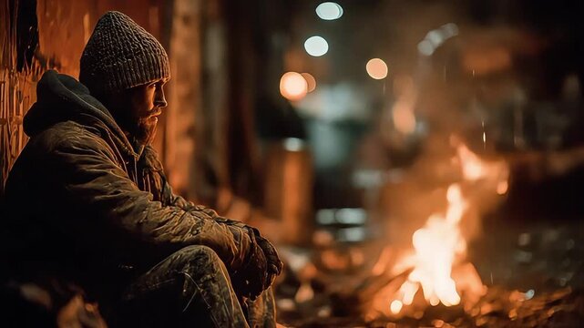 A poignant scene of a homeless man seeking warmth and solace by a crackling fire, evoking feelings of vulnerability and resilience. Suitable for chari