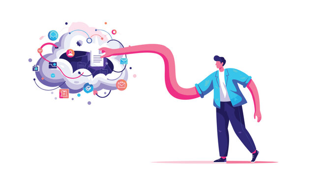 A cartoon person with a long pink arm is pulling a file from a colorful cloud filled with digital icons on a white background.