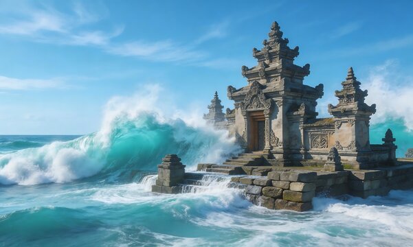 Ancient temple structures with ornate architecture stand resilient against a crashing turquoise ocean wave under a bright blue sky