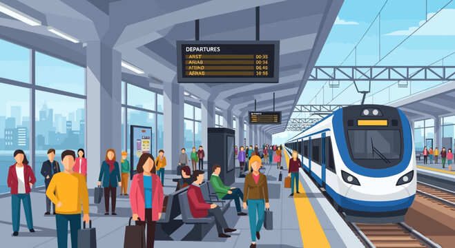 Busy Train Station Platform with Modern Train and Commuters Waiting
