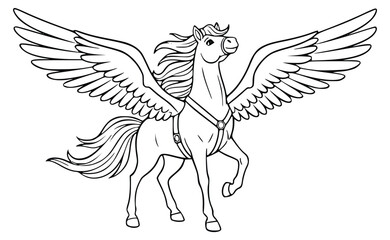 Obraz premium Pegasus coloring book page with a winged horse wearing a leather harness