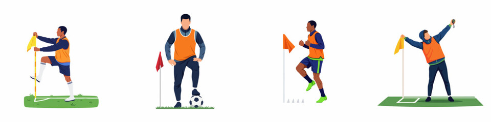 Flat vector illustrations of soccer players and a coach during training sessions, drills, and match preparation on the field. © Reno