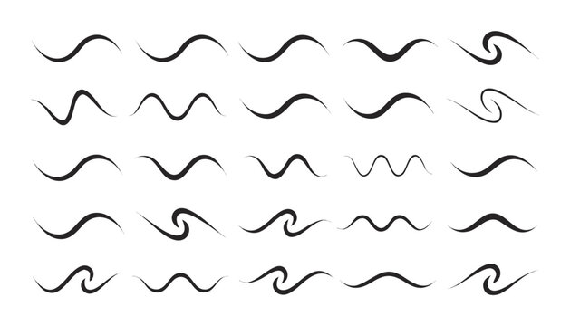 Collection of smooth flowing lines and soft curves in black on white background for design