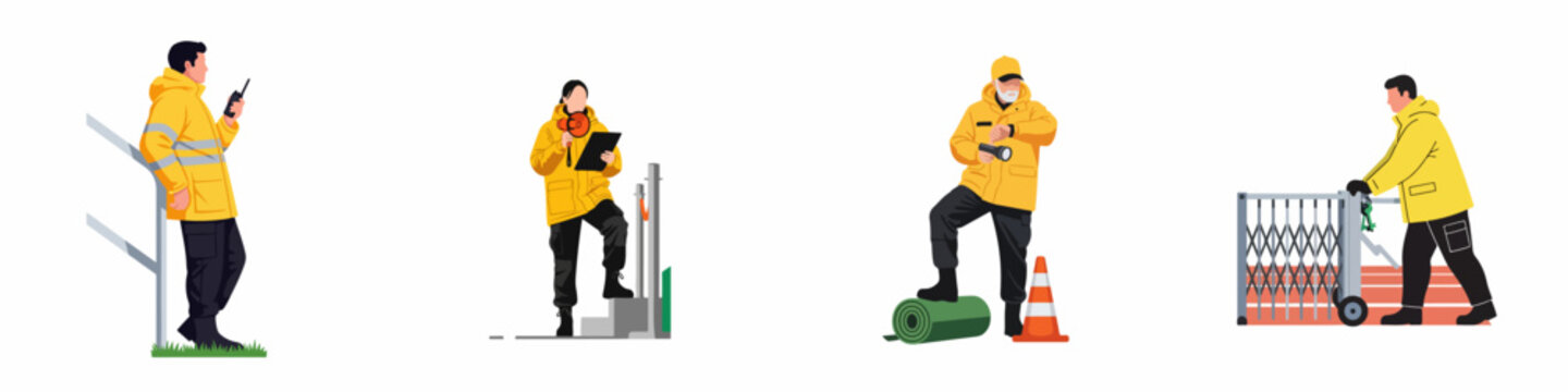 Vector illustration set of event security and maintenance staff in yellow high-visibility uniforms performing various duties on white background.