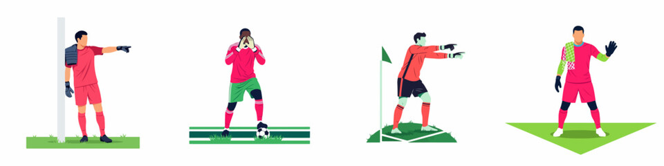 Set of flat vector illustrations featuring soccer goalkeepers in various poses and situations on the field, from pointing to defending the goal. © Reno