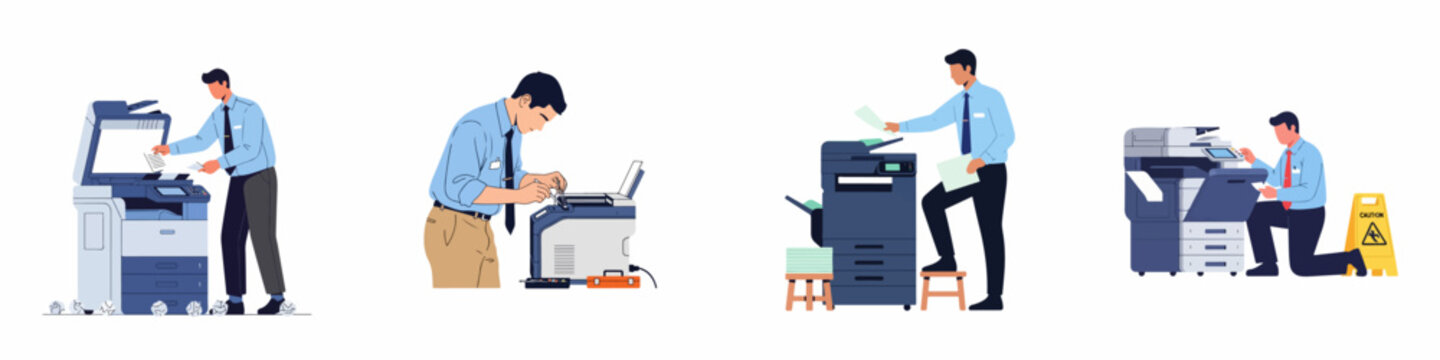 Set of illustrations showing men using, maintaining, and repairing office printers and photocopiers in professional work environments.