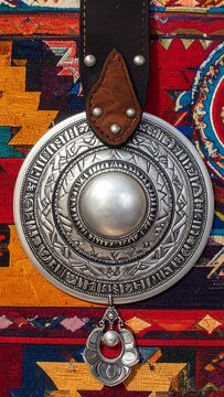 A close-up of a silver concho with a pearl center on a leather strap against a vibrant, colorful textile background