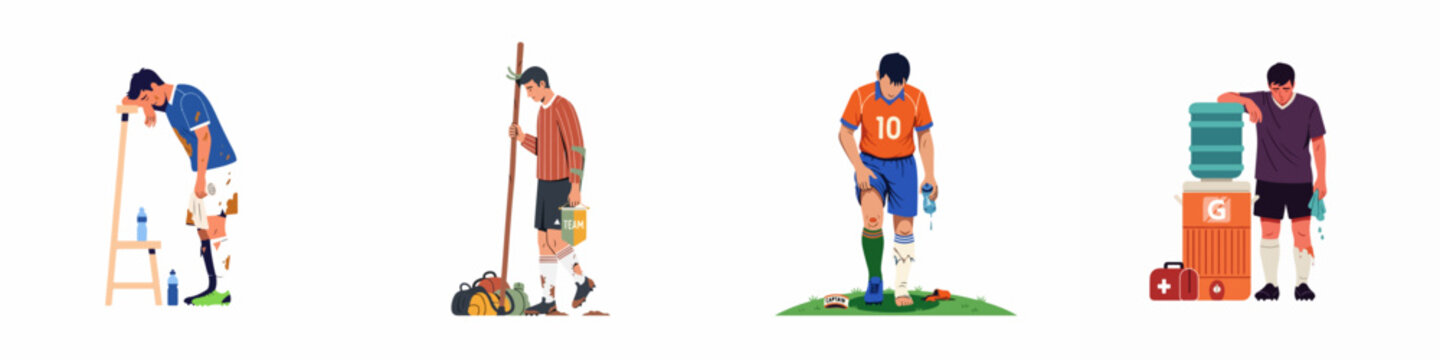 Illustration set of exhausted and defeated soccer players after a match, depicting loss, fatigue, and sports-related injuries on a white background.