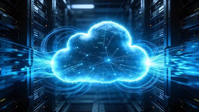 Glowing cloud data visualization in server room with computing background