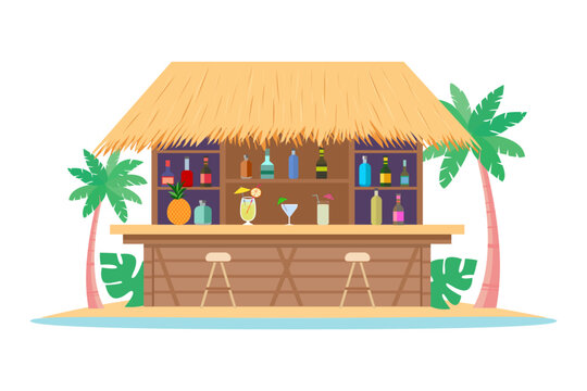 Summer beach tiki bar by the sea. Tropical hut made of wood and bamboo with a thatched roof and palms. Vector illustration of a summer cafe by the sea with cocktails and fruit.