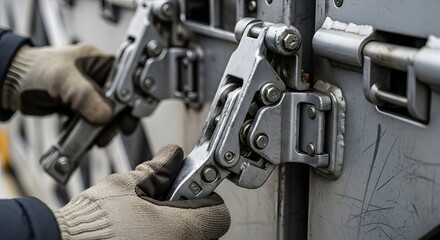 Fototapeta premium Detailed View of Aircraft Cargo Container Locking System, Industrial Aviation Freight Security and Handling Concept