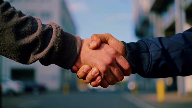 Close-up of Two Hands Shaking in Agreement Outdoors Blurred Background handshake shaking hands