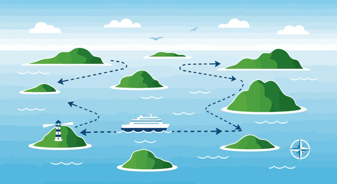 Cruise Ship Navigation Map: Islands, Lighthouse, Compass, and Route