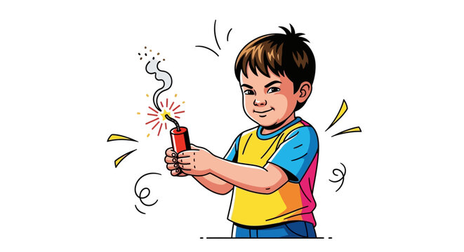Boy holding a lit firecracker, creating a safety risk.