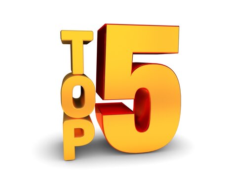 3d Shiny Golden "TOP 5" with Symbol Bold Reflection Text on White Background. 3d iconic illustration. 3d Golden Font.